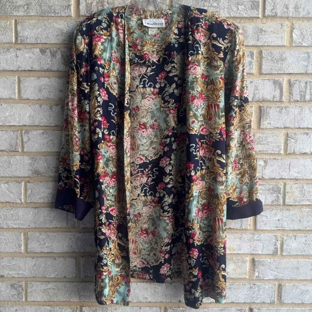 Ultra Dress Vintage 3/4 Sleeve Floral Boho Open Front Cardigan Cover Up Size 14